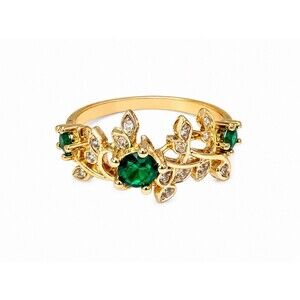 Vintage Gold Tone Floral Vine Ring Green Emerald Color Stones W/ Rhinestones 7.5